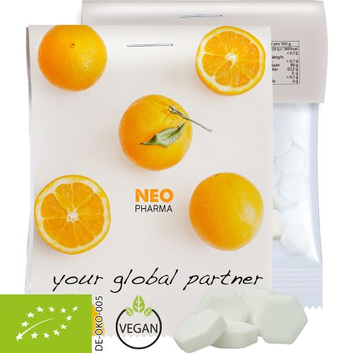 Bio Traubenzucker Orange Drops, ca. 15g, Express Midi-Tüte mit Werbereiter