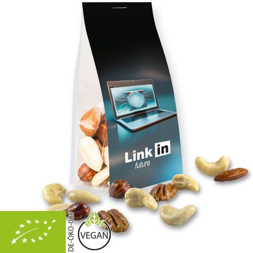 Bio NusskernMix, ca. 40g, Express Blockbodenbeutel mit Werbereiter