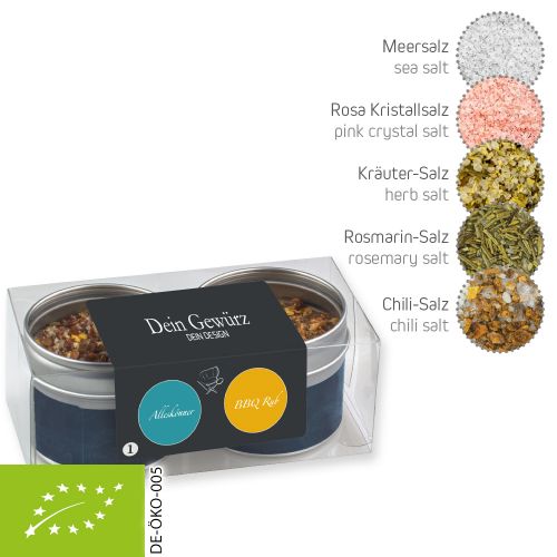 verschiedene Gewürzmischungen Bio und nicht Bio (Kategorie 1), 90-220g, Metalldose mit Sichtfenster im 2er Set