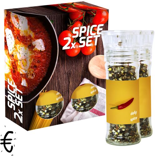 verschiedene Gewürzmischungen Bio und nicht Bio (Kategorie 1), 70-160g, 2er Set Glas mit Kunststoffmahlwerk in Faltschachtel