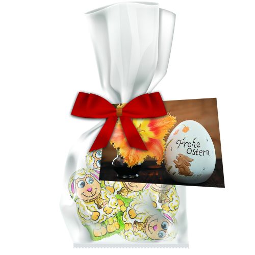 Schoko-Lamm, ca. 24g, Express Flachbeutel mit Schleife mit Werbekarte