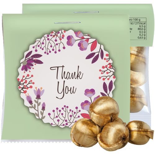 Goldnüsse Bonbons (vegan), ca. 17g, Express Midi-Tüte mit Werbereiter