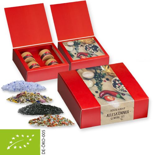 verschiedene Gewürzmischungen Bio und nicht Bio (Kategorie 2), ca. 160-260g, Geschenk-Set Premium mit 4 Biologisch abbaubaren Eco Pappdosen Mini