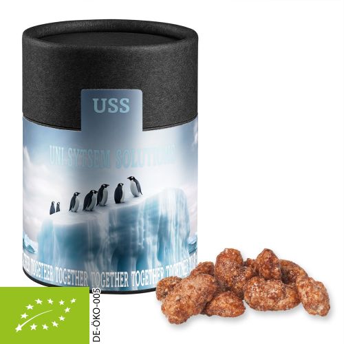 Bio Feuergebrannte Mandeln (vegan), ca. 80g, Kraftpapierdose Midi schwarz