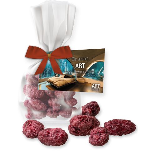 Gebrannte Mandeln Himbeere (vegan), ca. 30g, Express Flachbeutel mit Schleife mit Werbekarte