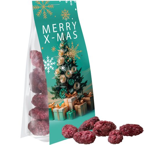 Gebrannte Mandeln Himbeere (vegan), ca. 40g, Express Blockbodenbeutel mit Werbereiter