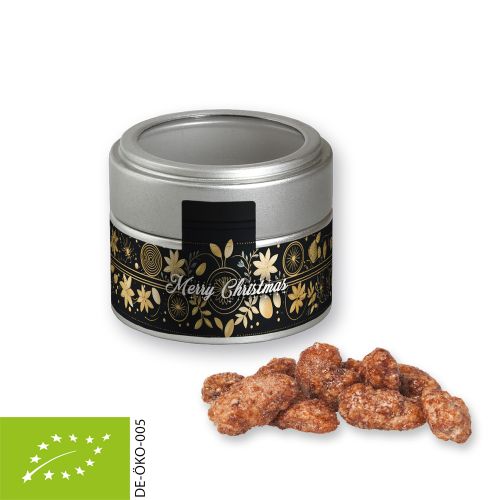 Bio Feuergebrannte Mandeln (vegan), ca. 60g, Metalldose Mini mit Sichtfenster silber