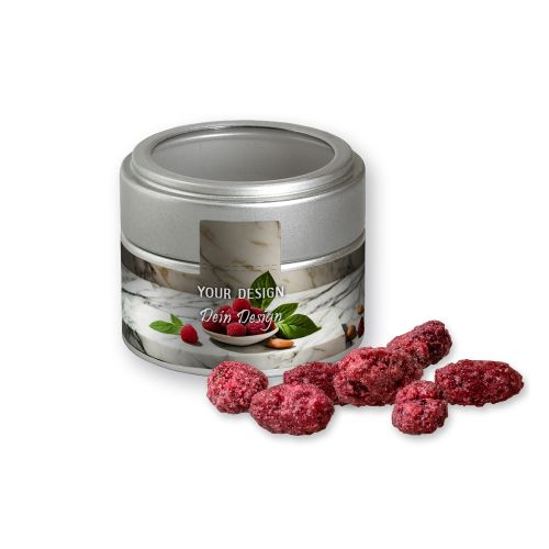Gebrannte Mandeln Himbeere (vegan), ca. 60g, Metalldose Mini mit Sichtfenster silber