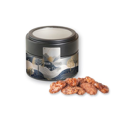 Feuergebrannte Mandeln (vegan), ca. 60g, Metalldose Mini mit Sichtfenster schwarz