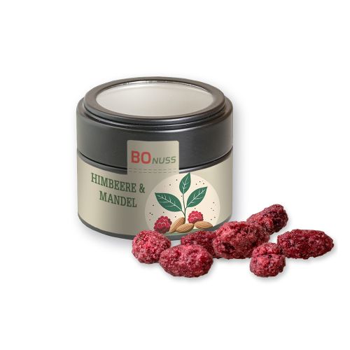 Gebrannte Mandeln Himbeere (vegan), ca. 60g, Metalldose Mini mit Sichtfenster schwarz