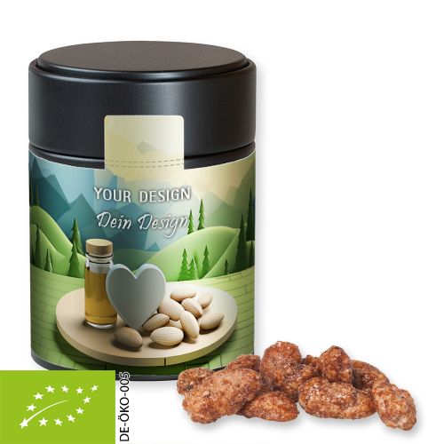 Bio Feuergebrannte Mandeln (vegan), ca. 100g, Metalldose Midi schwarz