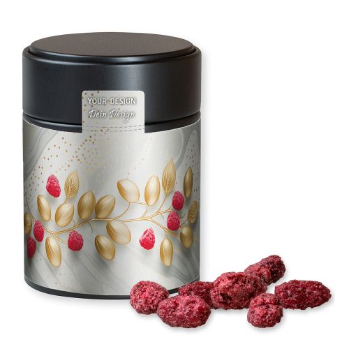 Gebrannte Mandeln Himbeere (vegan), ca. 100g, Metalldose Midi schwarz