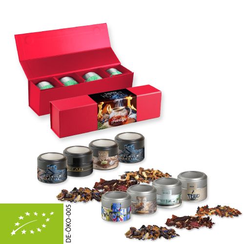Verschiedene Weihnachts Teesorten, Bio und nicht-Bio, ca. 120-140g, Geschenk-Set Premium rot mit Magnetverschluss und 4 Metalldosen Mini mit Sichtfenster