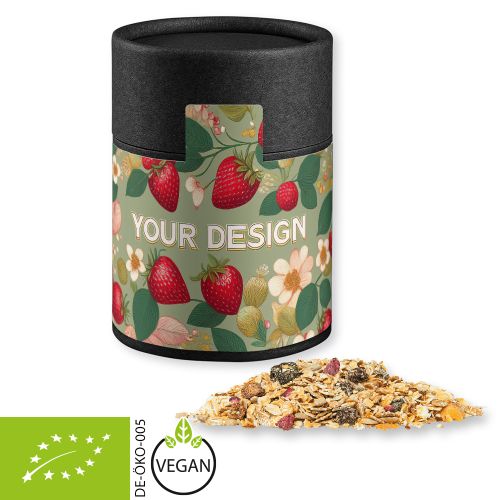 Bio Müsli Erdbeerchen (vegan), ca. 60g, Kraftpapierdose Midi schwarz