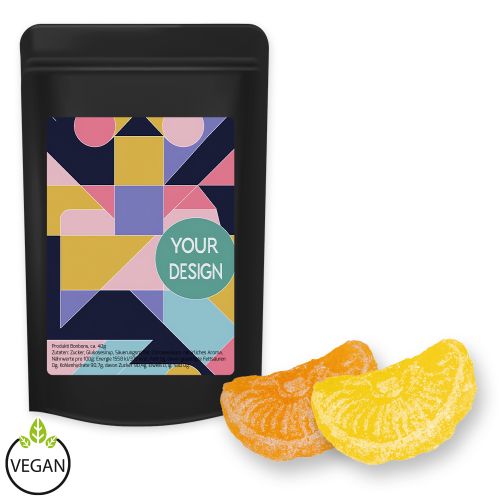 Zitrone und Orangen Bonbons (vegan), ca. 80g, Standbeutel Midi schwarz