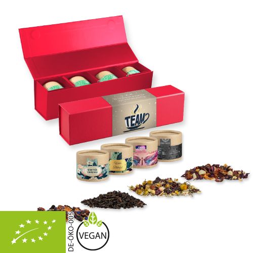 Verschiedene Teesorten, Bio und nicht-Bio, ca. 60-140g, Geschenk-Set Premium rot mit Magnetverschluss und 4 Kraftpapierdosen Mini