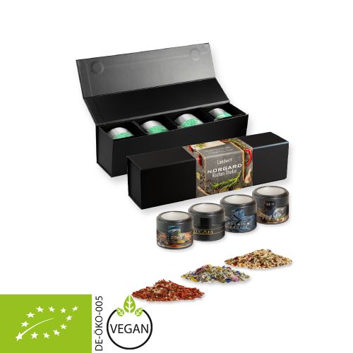 verschiedene Gewürzmischungen Bio und nicht Bio (Kategorie 2), ca. 64-260g, Geschenk-Set Premium schwarz mit Magnetverschluss und 4 Metalldosen Mini mit Sichtfenster