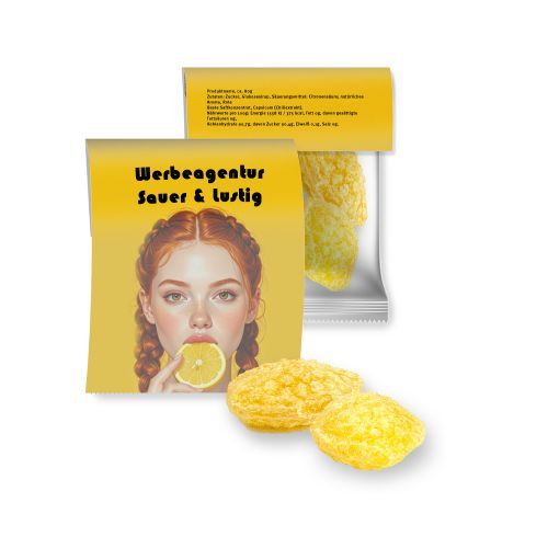Zitronenbonbons mit Vitamin D (vegan), ca. 17g, Express Midi-Tüte mit Werbereiter
