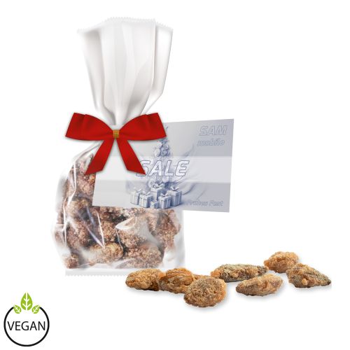 Feuergebrannte Mandeln ohne Zuckerzusatz (vegan), ca. 30g, Express Flachbeutel mit Schleife mit Werbekarte