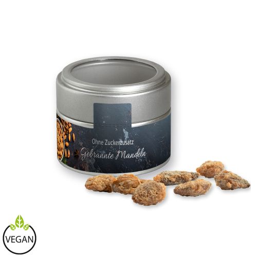 Feuergebrannte Mandeln ohne Zuckerzusatz (vegan), ca. 60g, Metalldose Mini mit Sichtfenster silber
