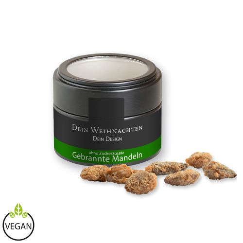 Feuergebrannte Mandeln ohne Zuckerzusatz (vegan), ca. 60g, Metalldose Mini mit Sichtfenster schwarz