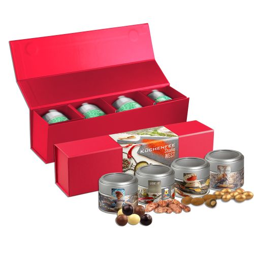 Knusper Weihnachts-Geschenkset Premium, ca. 225g, Geschenk-Set Premium rot mit Magnetverschluss und 4 Metalldosen Mini mit Sichtfenster