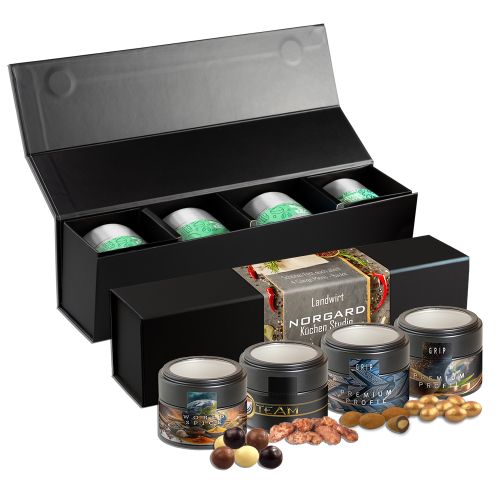 Knusper Weihnachts-Geschenkset Premium, ca. 225g, Geschenk-Set Premium schwarz mit Magnetverschluss und 4 Metalldosen Mini mit Sichtfenster